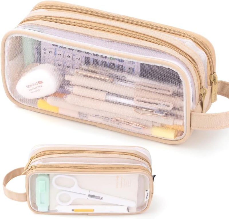 ANGOOBABY Large Grid Mesh Pencil Case 2 Compartment Pen Bag Clear Handheld Multifunction Pencil Pouch Transparent Makeup Bag for Teen Student College Business Travel Office Adult - Beige - Image 1